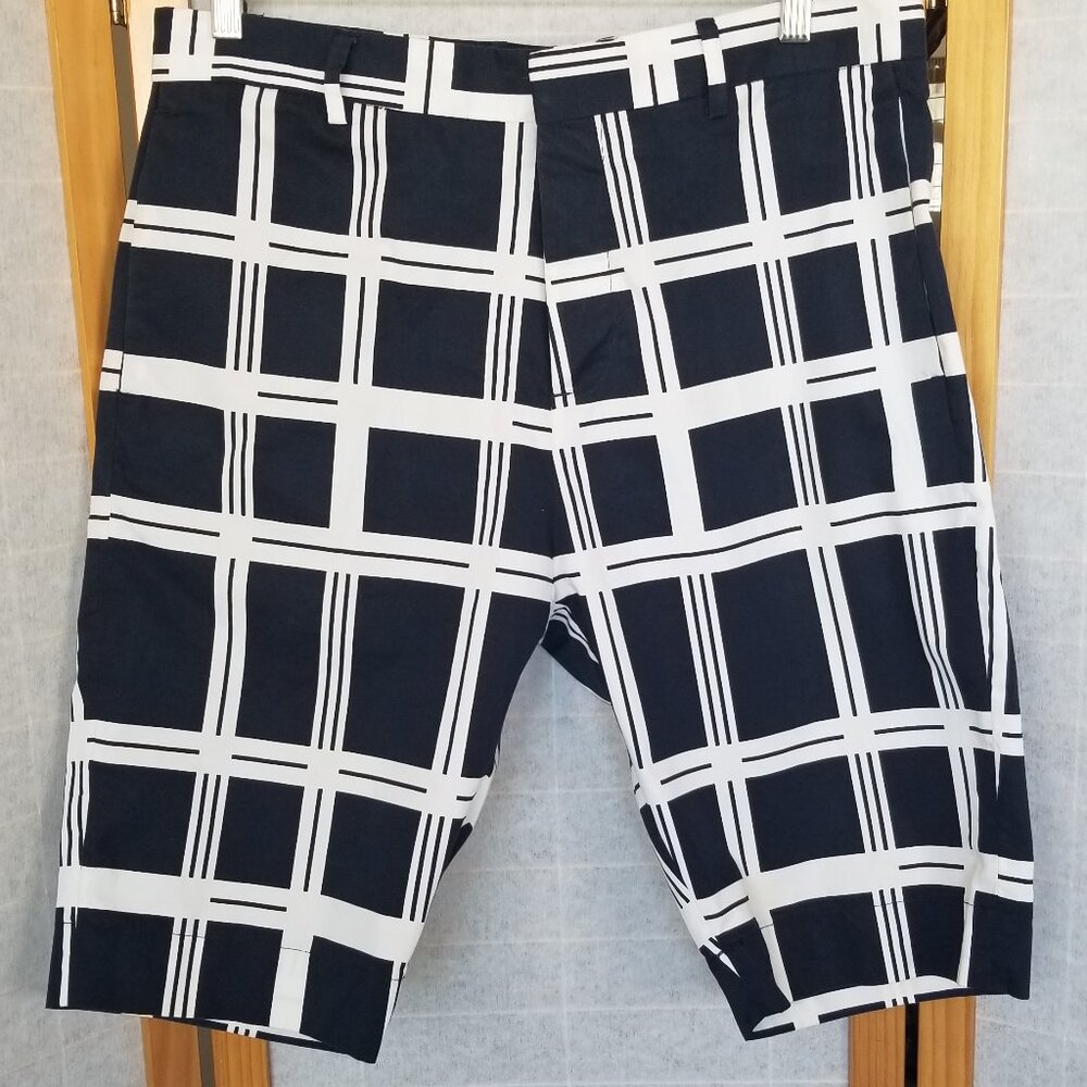 ANTONY MORATO Flat Front Pocket Shorts Size 32 Navy Blue White Plaid